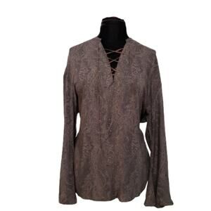 Asos Brown Bell Sleeve V Neck Suede Tie Damask Tunic Small